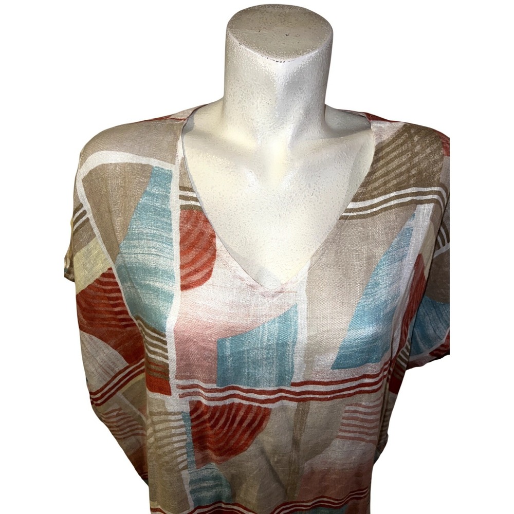 Chico's 100% Linen Geometric Abstract Poncho Top V-Neck Size L/XL Multi-Color - Picture 2 of 6